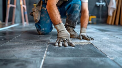 Male builders laying ceramic tiles in the bathroom