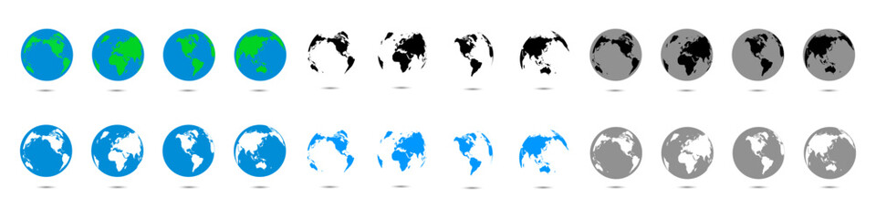 Poster - A set of maps and a globe. Globe icons. Planet with continents. Elements of business infographics. Vector illustration. Globe vector icons eps10