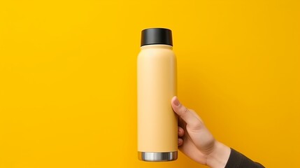 A mockup of a thermos being held by a hand with a yellow background