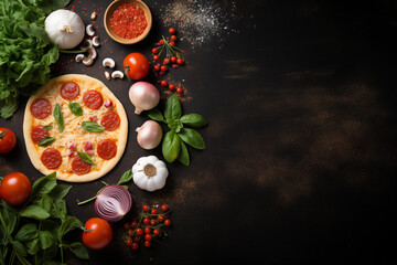 Wall Mural - AI generative masterpiece: A pizza with pepperoni, mushrooms, tomatoes, and garlic. Matte black background, kintsugi style, lively tableaus. Delicate still-lifes on distressed materials, maroon