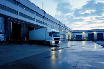 A truck leaving a loading area of a modern factory after raining at dusk. Warehouse loading area. Logistics ad delivery concepts. 