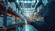 © buraratn - Smart Logistics Global Business and Warehouse Technology Management System Concept, Businessman using tablet control delivery network distribution import expor