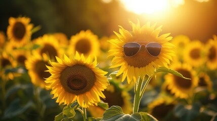 Poster - sunflowers in the field , sunflowers wearing sunglasses in summer