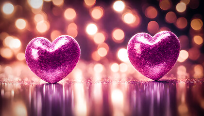 Two Beautiful Glitter Hearts, Valentines day Background of two heart shape love,  glitter heart in shiny background, heart shape with bokeh background, Abstract Defocused Valentines Card with heart