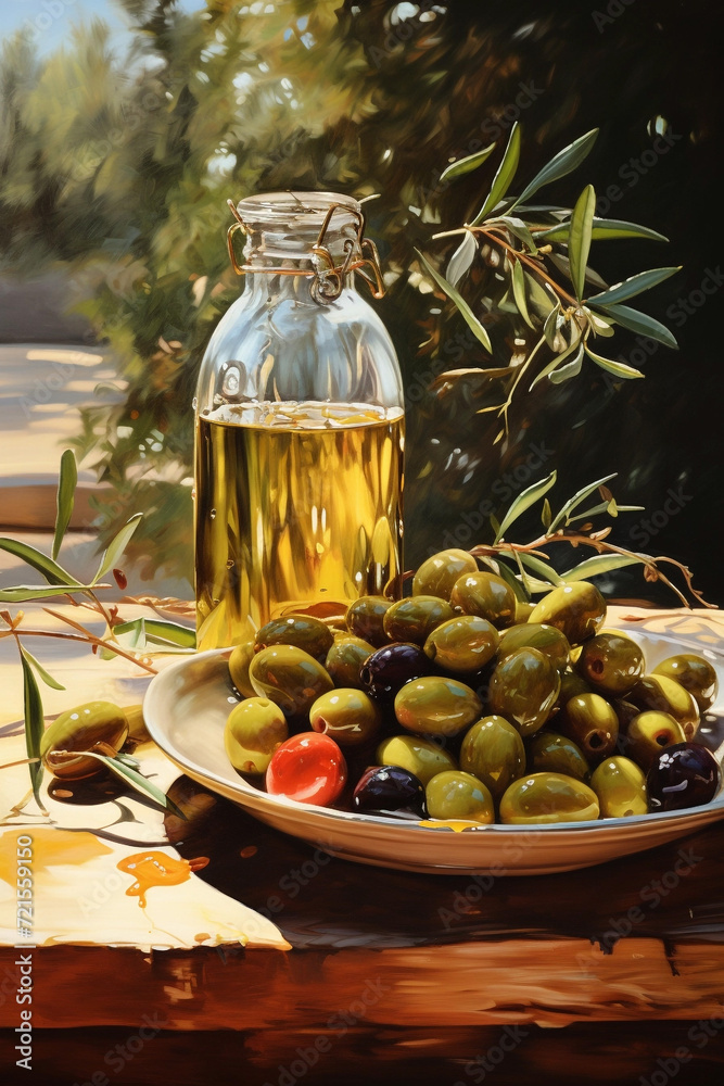 Olives on the table and a bottle of olive oil, realistic, oil painting ...