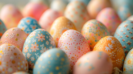 Wall Mural - Beautiful colorful easter eggs close-up background. Pastel colored eggs with cute pattern