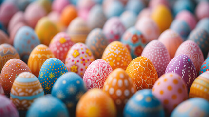 Wall Mural - Beautiful colorful easter eggs close-up background. Pastel colored eggs with cute pattern