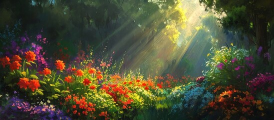 Wall Mural - Captivating Morning Sunlight Illuminates a Vibrant Flower Garden