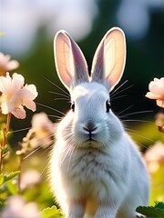 Wall Mural - cute wild white bunny rabbit in a field of flower portrait