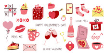 Vector Set For Valentine's Day. Different Romantic Objects. Valentine's Day Elements Set In Hand Drawn Style. Heart, Champagne, Glasses, Pizza, Cups, Ring, Envelope. White Isolated Background. 