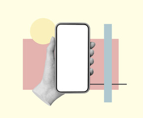 Poster - Mobile phone mockup, smartphone screen mock up in hand. Cellphone display with geometric shapes