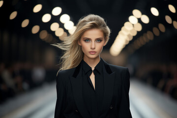 A blonde model on a runway in a black suit.