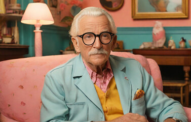 Portrait of senior man with mustache and reading glasses sitting in his retro cozy living room