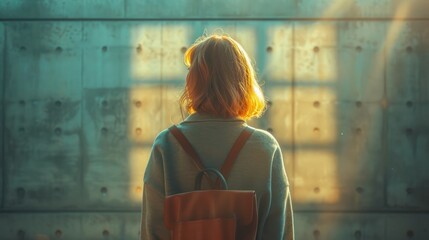 Poster -  a woman with a backpack standing in front of a metal wall and looking out the window at the sunlight coming through the window panes on the wall behind her.