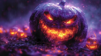 Canvas Print -  a halloween pumpkin with glowing eyes and a creepy face on it's face, surrounded by other pumpkins, in a field of grass, with purple and orange lights.