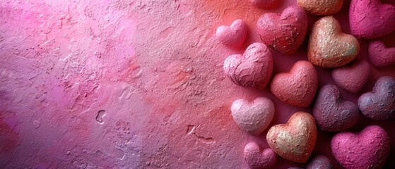 Wall Mural -  a group of heart shaped candies sitting on top of a pink and red wall next to a pink and red wall with a pink paint smudge on it.