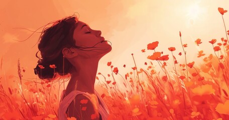 Wall Mural -  a painting of a woman standing in a field of flowers with her eyes closed and her hair blowing in the wind, with the sun shining through the flowers in the background.