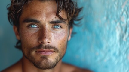 Poster -  a close up of a man's face with blue eyes and freckles on his shirtless body and a blue wall behind him is a blue wall.