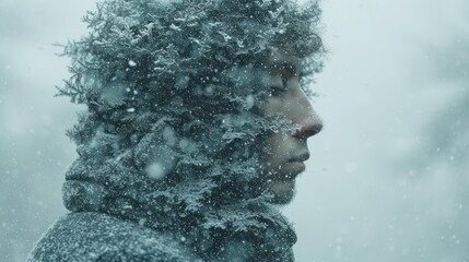 Poster -  a man standing in front of a window with snow falling down on him and his hair blowing in the wind and his face obscured by the window is covered with snow.