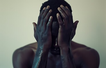 Poster -  a close up of a person covering his face with his hands