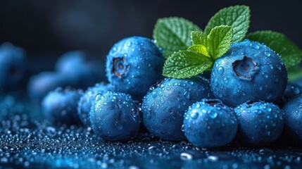 Wall Mural -  a bunch of blueberries with a green leaf on top of them, with water droplets on them, on a dark blue surface with a green leaf on top.