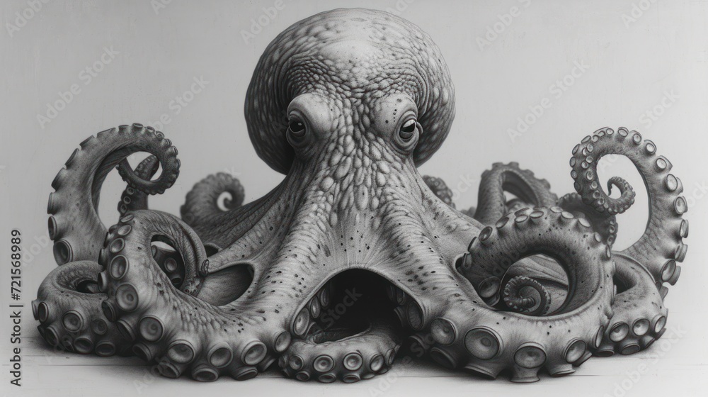 a black and white photo of an octopus with its tentacles spread out ...