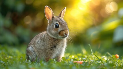 Wall Mural -  a close up of a small rabbit in a field of grass with the sun shining through the trees and behind it, a small rabbit is sitting in the grass.