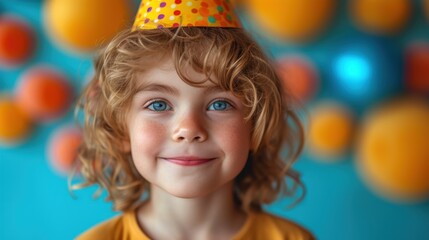 Canvas Print -  a close up of a child wearing a party hat with orange and blue balls in the background and a polka dot design on the top of the child's head.