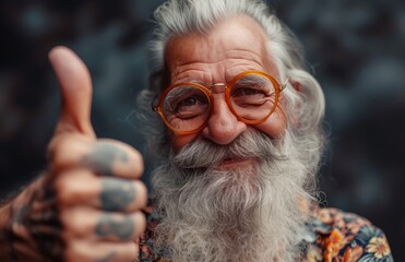 Sticker -  a close up of a person with a beard and glasses giving a thumbs up sign with a flowered shirt 