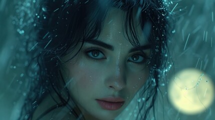 Canvas Print -  a close up of a woman's face with rain falling on her and a blurry image of a ball of light in the background of the image behind her.