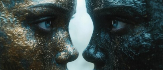 Wall Mural -  a close up of a person's face with black and gold paint on their face and the other half of the face of a person's face with blue eyes.