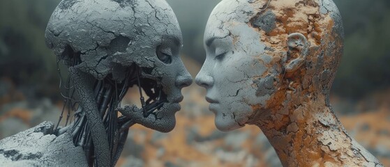 Sticker -  a close up of two statues of a man and a woman facing each other with their heads touching each other with a forest in the back ground in the background.