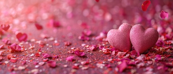 Wall Mural -  a couple of pink hearts sitting on top of a pile of confetti covered in pink and red flecks of pink confetti and pink petals.