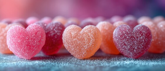 Wall Mural -  a row of heart shaped candies sitting on top of a blue tablecloth with pink and orange candies in the middle of the rows of the candies.