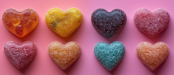 Sticker -  a group of heart shaped candies sitting next to each other on top of a pink surface with a heart shaped candies in the middle of each of them.