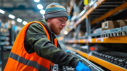 Poster - Close-up of assembly line in a modern hi-tech facility. Conveyor in a bright modern industrial workshop. Worker operates and monitors an automated assembly line for electronic devices and gadgets.