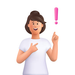 Young smiling woman pointing finger up to exclamation point. Idea, warning or attention concept. 3d vector people character illustration. Cartoon minimal style.