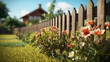 flowers blooming along a wooden picket fence in a suburban setting with a house in the background