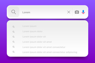 Leinwandbilder - Search Bar with suggestions for UI UX design and web site. Search Address and navigation bar icon. Collection of search form templates for websites. Search engine web browser window template.