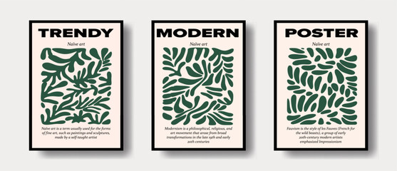 Poster - Modern floral decor and plant leaves. Abstract organic Vector set of shapes inspired by Matisse style.