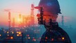Double exposure of Engineer with oil refinery industry plant background, industrial instruments in the factory and physical system icons concept