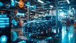 EV electric vehicle technology industry concept, futuristic virtual graphic touch user interface on screen with auto repair garage blurred on background
