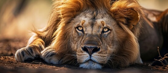 Wall Mural - Stunning African Lion: Close-Up Portrait of Majestic Animal Lying in Intense Close-Up Portrait, African Lion Lying Up Close for Captivating Image