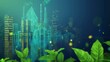 Green industry concept with factory and leaves in futuristic glowing low polygonal style on blue