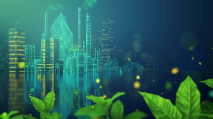 Wall Mural - Green industry concept with factory and leaves in futuristic glowing low polygonal style on blue