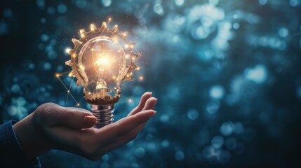 hand holding light bulb and cog inside. idea and imagination. creative and inspiration. innovation g