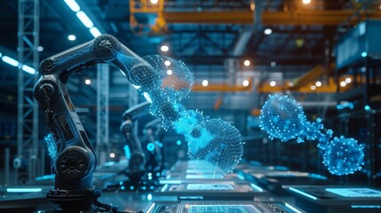 Poster - Neural network or artificial intelligence in industry 4.0. Robotic arms creates neural network on podium in virtual reality. Industrial revolution. Concept of futuristic industry technology