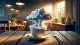 Fototapeta  - A storm in a teacup. A old-fashioned teacup with a stormy cloud and lightning, on a rustic table, warm cozy interior.