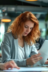 Aufkleber - A woman is seen sitting at a table, engrossed in using a tablet computer. This image can be used to depict technology, communication, or remote work