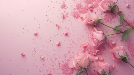 Poster - A beautiful arrangement of pink roses placed on a pink surface. Perfect for adding a touch of elegance to any project or decoration